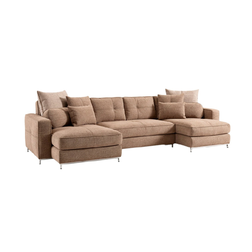 **Tytuł techniczny w języku polskim: Stylowa sofa narożna z miękkimi poduszkami i metalowymi nogami.**